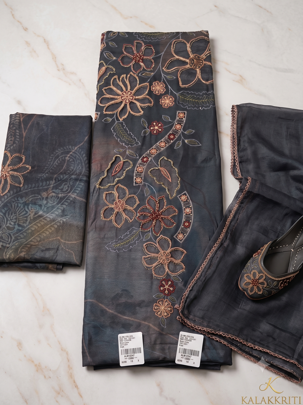 Charcoal Mist Floral Hand-Embroidered Suit Set