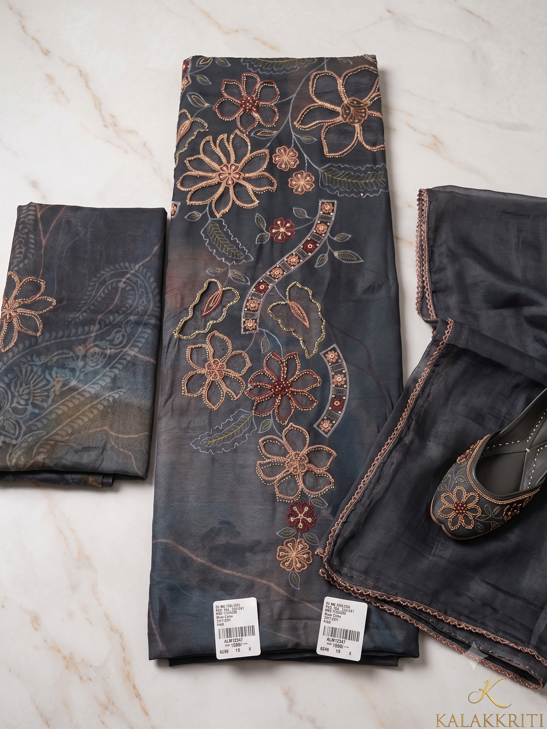 Charcoal Mist Floral Hand-Embroidered Suit Set