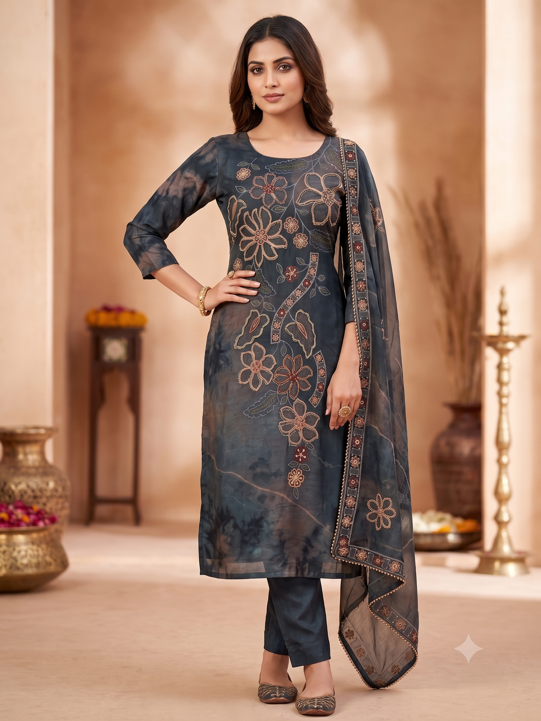 Charcoal Mist Floral Hand-Embroidered Suit Set