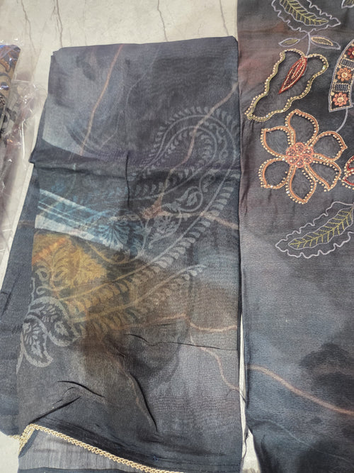 Charcoal Mist Floral Hand-Embroidered Suit Set